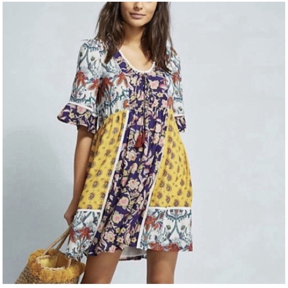 Anthropologie Lilka Yellow & Purple Patchwork Trapeze Beach Dress Size Xs‎